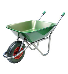 Green metal garden wheelbarrow with a single wheel isolated on transparent background