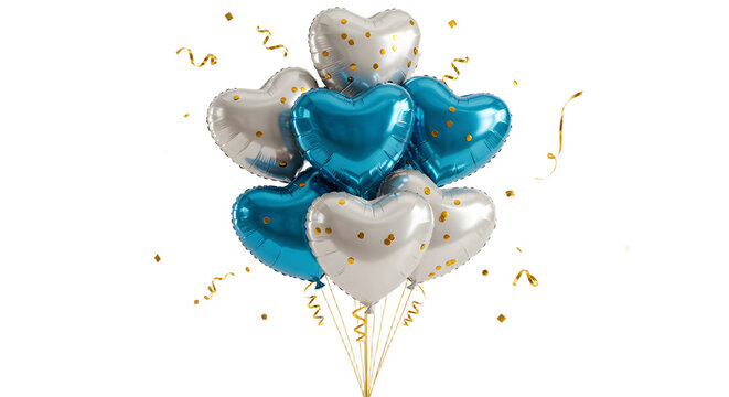 Blue and white heart-shaped balloons with golden confetti floating on black background, festive party decoration, perfect for romantic celebrations - Powered by Adobe
