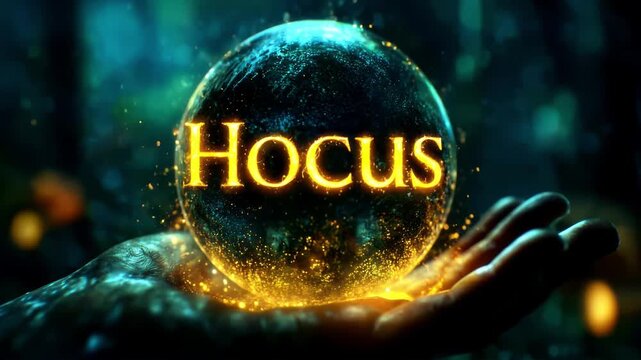 A glowing crystal ball with the word "Hocus" written on it in golden letters	