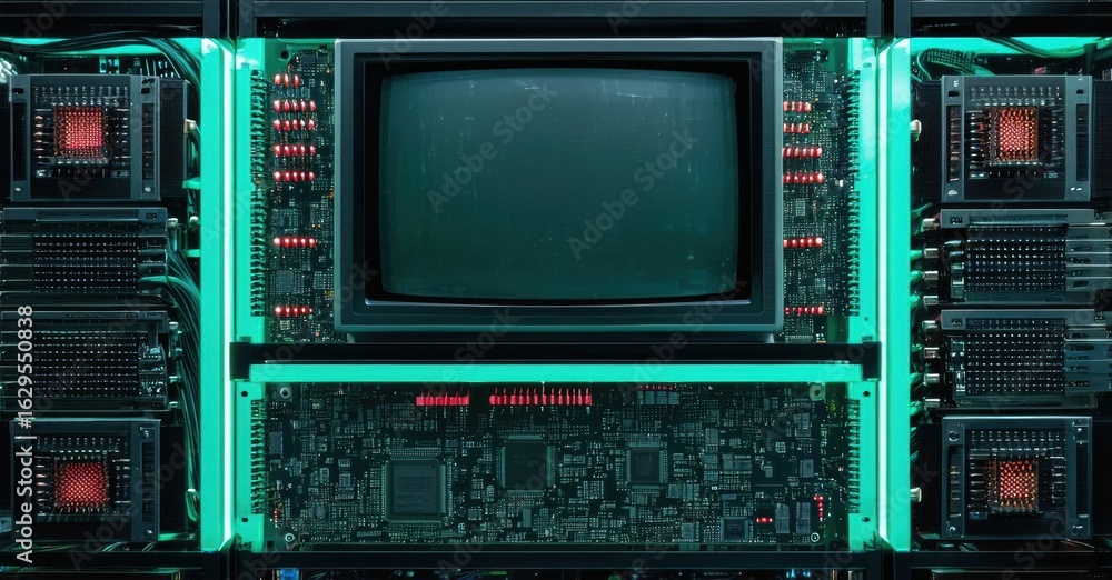 Poster complex server rack system. glowing lights illuminate circuit boards, monitor displays data streams.