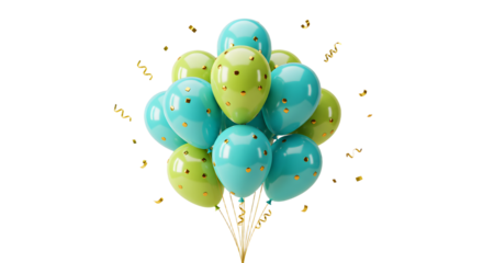 Bright blue and green balloons with confetti and golden ribbons isolated on white background, festive decoration for celebrations