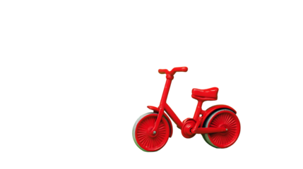 A small red toy bicycle isolated against a black background view on transparent background