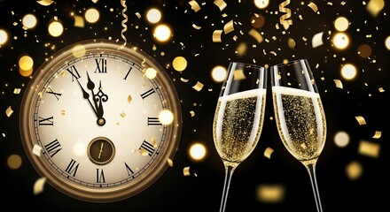 Elegant New Year's Eve countdown with a vintage clock and a celebratory champagne toast. Golden confetti falls on a festive dark background.