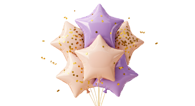 Cluster of pastel purple and beige star-shaped balloons with gold confetti, ideal for birthday parties and festive celebrations - Powered by Adobe