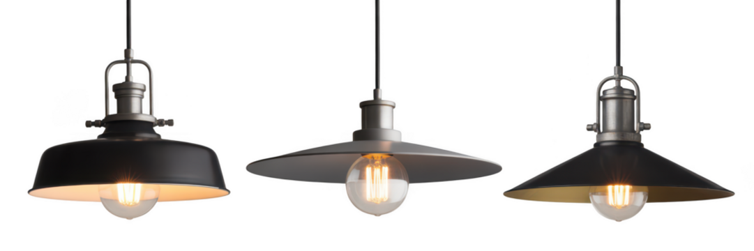 Three vintage industrial pendant lights with edison bulbs isolated on transparent background