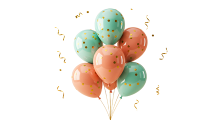 Cluster of teal and peach balloons with gold confetti decoration, perfect for birthday parties and festive celebrations