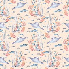 Fototapeta premium Colorful tropical sea watercolor seamless pattern with seaweeds, fishes and stingray isolated on beige. Underwater life and flora hand painted repeated texture for design fabric prints, textile.
