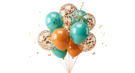 Colorful balloons bouquet with teal, orange, and transparent balloons filled with confetti, festive decoration for parties and celebrations