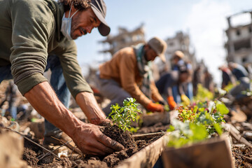 Fototapeta premium Community gardeners planting seedlings in a revitalized urban space during a sunny afternoon