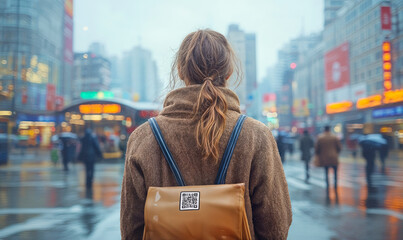 Young woman wearing brown coat and backpack with visible QR code standing in rainy urban city center with blurred people and skyscrapers in background