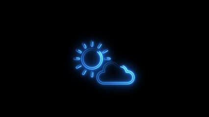 Neon blue weather icons representing sun and cloud on a black background illustration