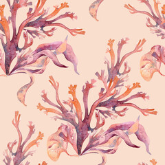 Seamless marine pattern of coral reef and fantasy seaweeds in soft pink and orange watercolor isolated. Hand painted underwater flora repeated design for summer packaging, textiles, and coastal decor. © Ekaterina Lanbina