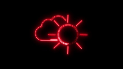 Glowing neon red weather icon featuring sun and cloud against a dark black background
