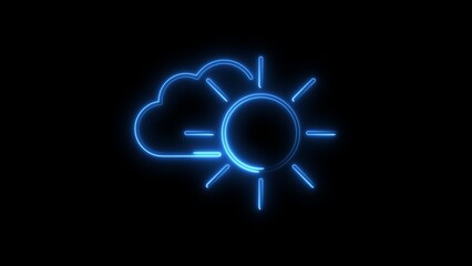 Glowing blue neon weather icon depicting cloudy sun on black background for design