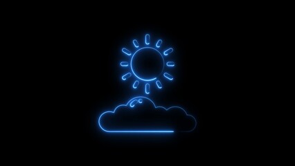 Glowing blue neon weather icons of sun and cloud against a black background.