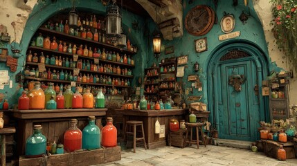 Obraz premium Colorful potion shop interior with rustic decor and vintage bottles on wooden shelves.