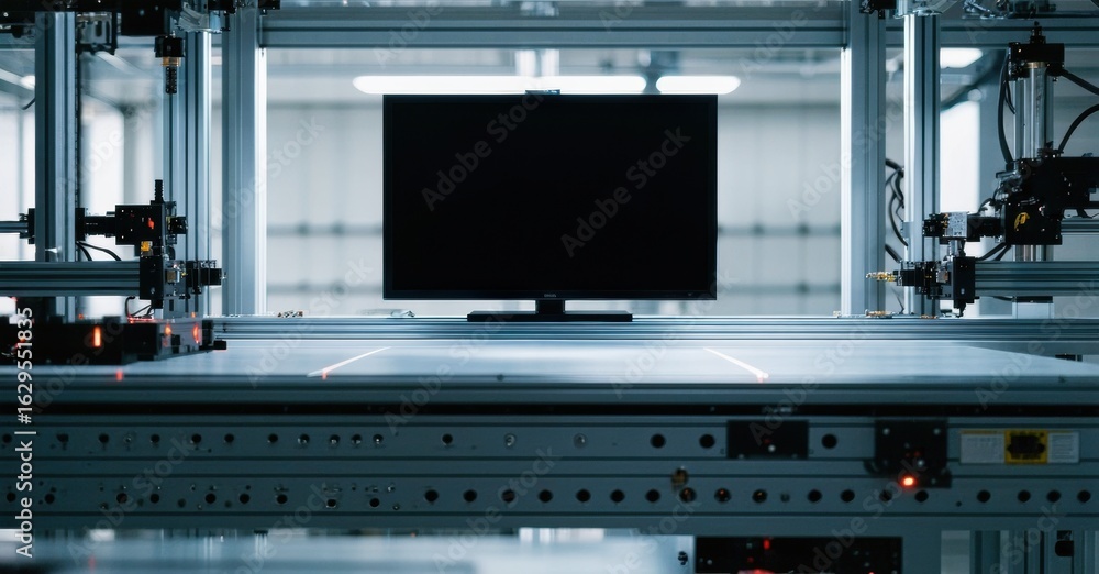 Poster modern television rests within automated testing rig. bright light illuminates sleek design, precise