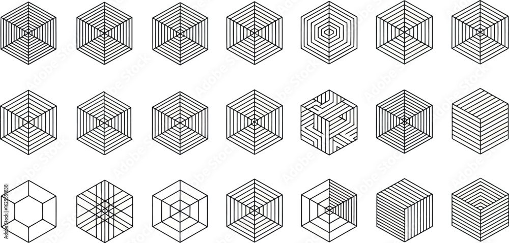 Poster vector art of collection of geometric cube shapes and patterns, abstract line art illustrations isol