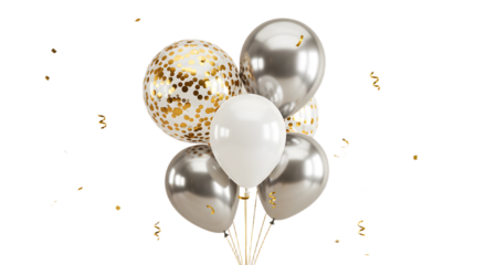 Elegant white and gold balloons with confetti and metallic finishes, perfect for celebrations and parties