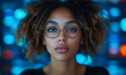 Portrait of confident young woman with curly hair and round glasses in blue digital tech background closeup with bokeh lights and futuristic atmosphere for social media influencer concept