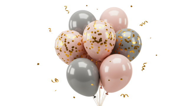 Elegant pink, gray, and confetti balloons bouquet for celebrations and parties, perfect for weddings and sophisticated events