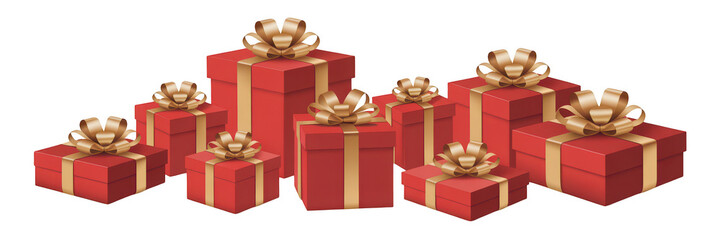 Obraz premium Group of red gift boxes with gold ribbon and bows isolated on transparent background