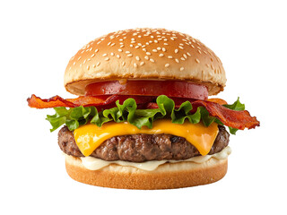 Classic bacon cheeseburger, fast food, burger, beef patty, cheese, lettuce, tomato and bacon.