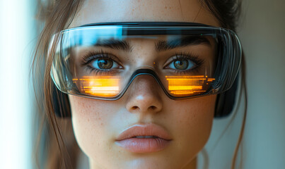 Close-up portrait of young woman wearing futuristic augmented reality glasses with digital interface reflections and headphones in soft natural light