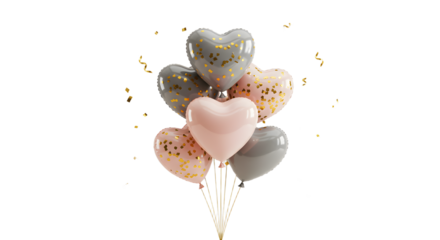 Heart-shaped balloons in pink, gray, and gold confetti colors on white background, festive decoration perfect for romantic occasions