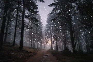 Fototapeta premium Mystical forest path, blanketed in glowing snow