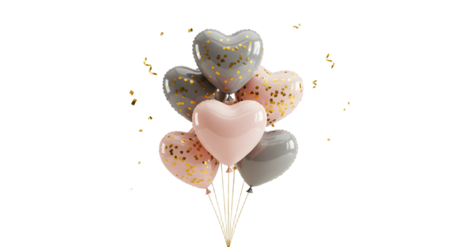 Heart-shaped balloons in pink, gray, and gold confetti colors on white background, festive decoration perfect for romantic occasions
