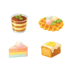 Korean Dessert Watercolor Bundle #2—Tiramisu in Cup, Rice Cake Mochi Waffle, Cotton Candy Cake, Earl Grey Pound Cake. Watercolor Illustration. Design Element. Clip art. Suitable for artwork design.