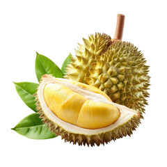 Obraz premium Fresh durian fruit, half sliced, with leaves