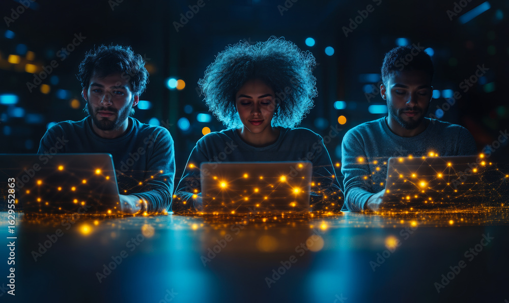 Poster diverse team of three young professionals working on laptops with digital network and connection eff