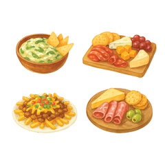 American Food Watercolor Pack #15—Spinach Artichoke Dip, Cheese & Charcuterie Board, Carne Asada Fries. Watercolor Illustration. Design Element. Clip art. Suitable for artwork design.