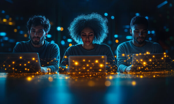 Diverse team of three young professionals working on laptops with digital network and connection effects in modern night office environment for technology collaboration and innovation concept
