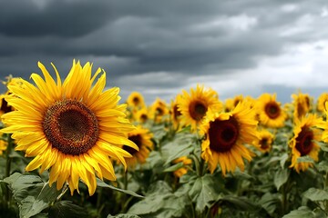 Obraz premium dynamic sunflowers under stormy sky in field design 
