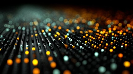 Glowing orange and blue lights on black cylindrical elements in abstract depth field.