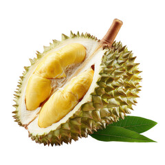 Fototapeta premium Durian cut open, segments, green husk, leaves