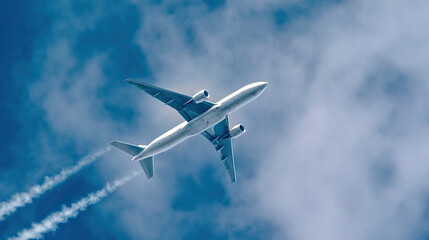 White Fuselage Passenger Jet With Contrails Flying Mid Air In Blue Sky With Clouds
