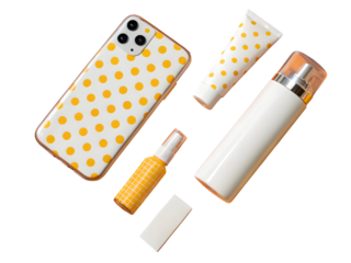 Yellow polka dot phone case and cosmetic bottles isolated on a transparent background orange white