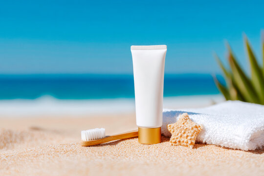 Luxury white toothpaste and gold toothbrush on beach towel vacation essentials