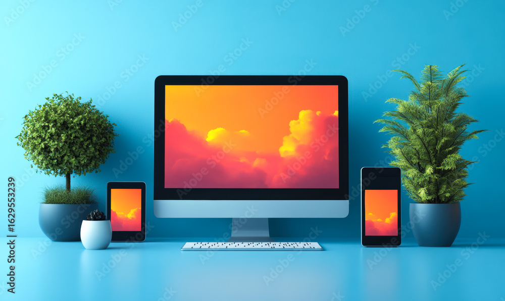 Poster responsive digital devices with vivid colorful cloud wallpaper showing adaptability and cross platfo