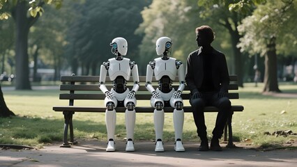 A man sits on a park bench with two humanoid robots, engaging in conversation amidst a serene green setting.