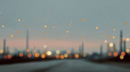 Abstract network nodes with glowing dots over blurred industrial cityscape background.