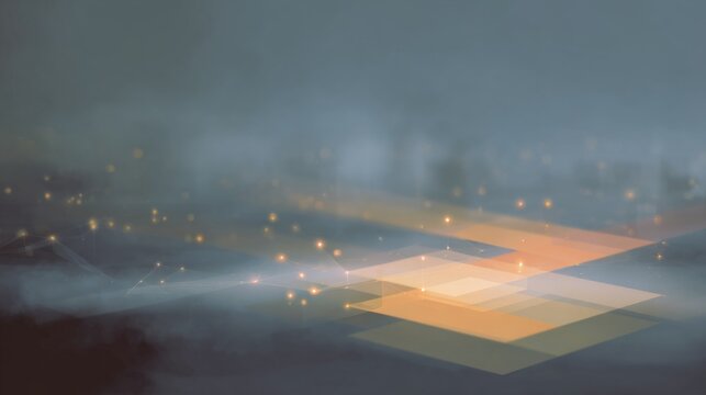 Futuristic glowing geometric shapes with digital lights on dark misty background. - Powered by Adobe