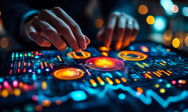 Close-up of human hands interacting with futuristic digital touchscreen interface displaying data analytics and colorful holographic controls in dark environment
