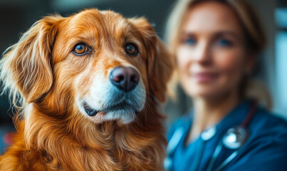 Close up of golden retriever dog with thoughtful expression and blurred female veterinarian with stethoscope in background in veterinary clinic setting for animal health care concept