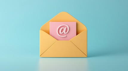 3D open envelope with paper and at symbol representing email digital communication or e-letter in cartoon minimal style