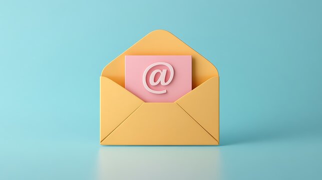 3D open envelope with paper and at symbol representing email digital communication or e-letter in cartoon minimal style - Powered by Adobe